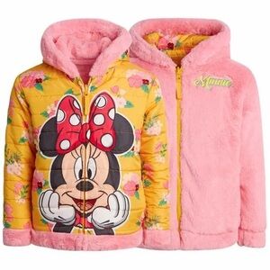 Disney Minnie Mouse Reversible Puffer Jacket Faux Fur Hooded Coat Girls 2T